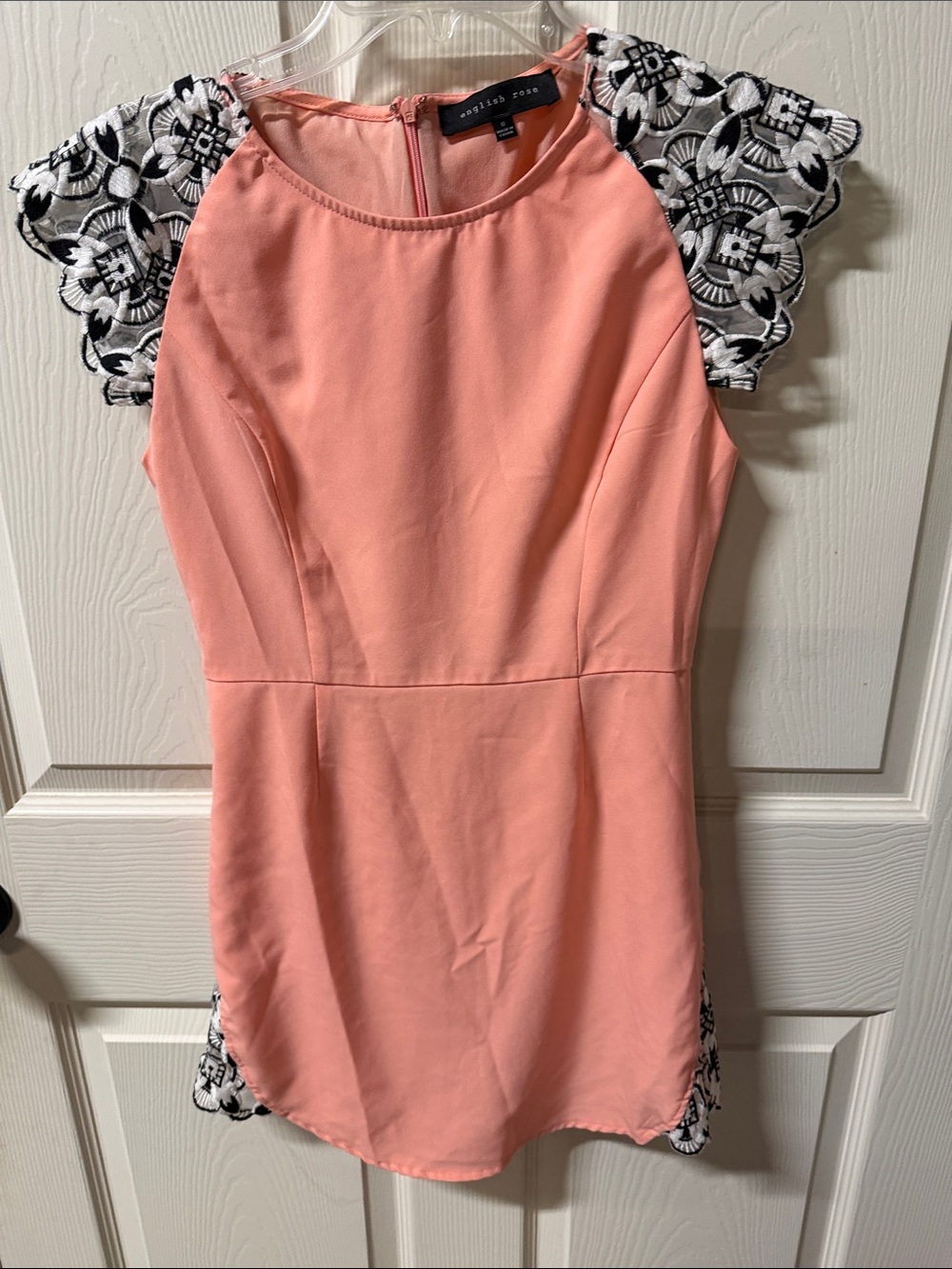 Candie's Coral Pink Dress with Black & White Lace Cap Sleeves